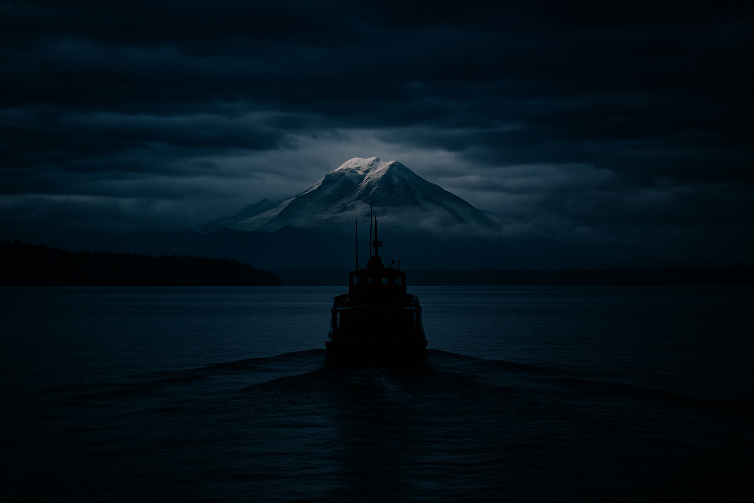 dark themed image of a boat in the puget sound. the shot is of the boat from behind. mount rainier in the background